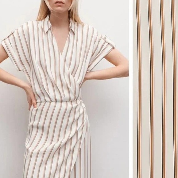 ZARA NWT Striped Ecru Draped Wrap Dress Midi Length Business Casual Size XL - Picture 4 of 13